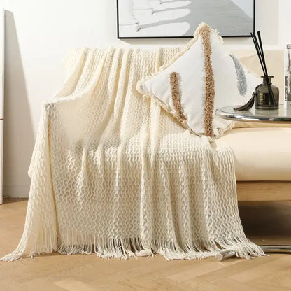 Geometric knit sofa blanket living room textured tassel throw