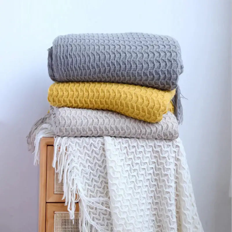 Geometric knit sofa blanket living room textured tassel throw