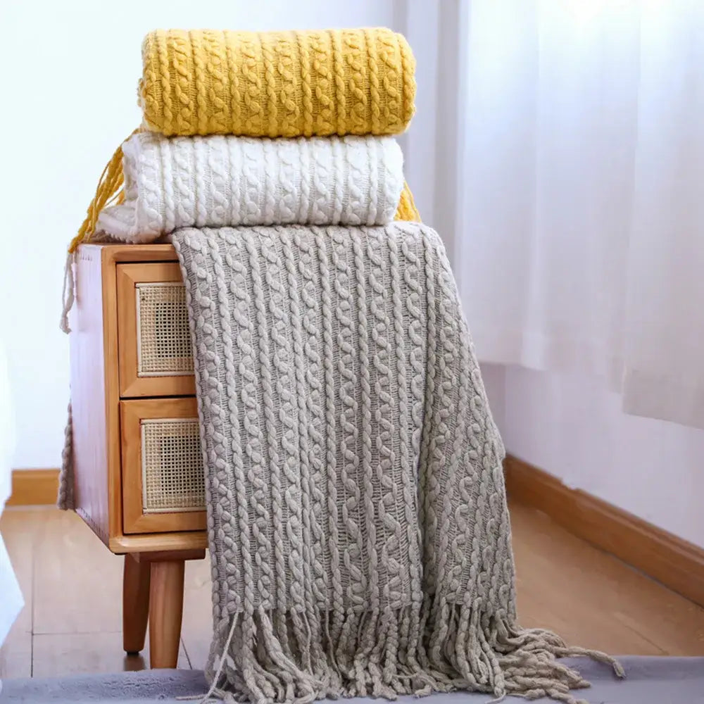 Geometric knit sofa blanket mustard & off-white living room throw