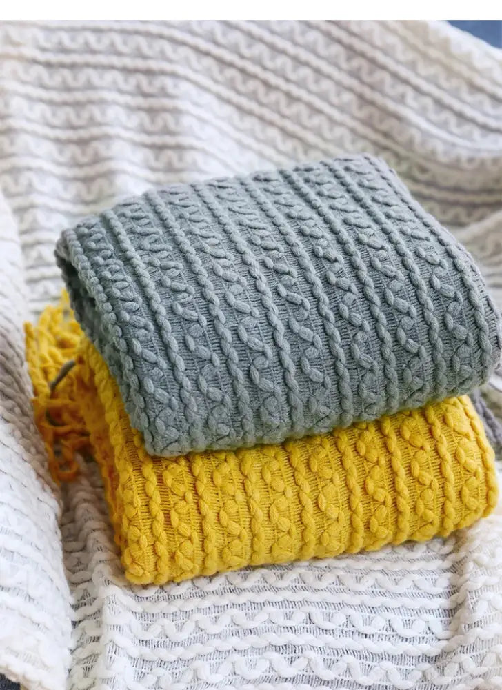 Geometric knit sofa blanket mustard & off-white living room throw