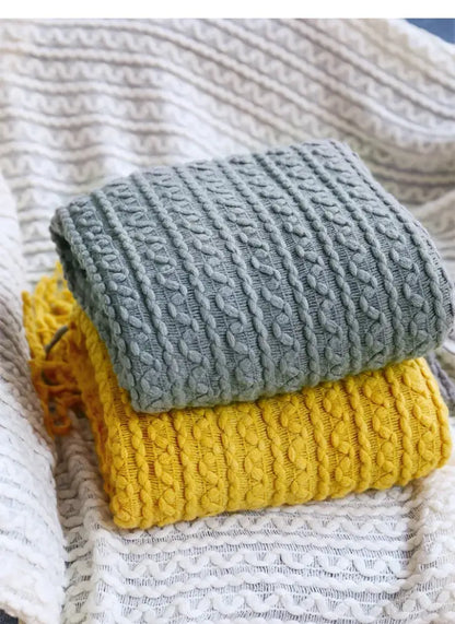 Geometric knit sofa blanket mustard & off-white living room throw