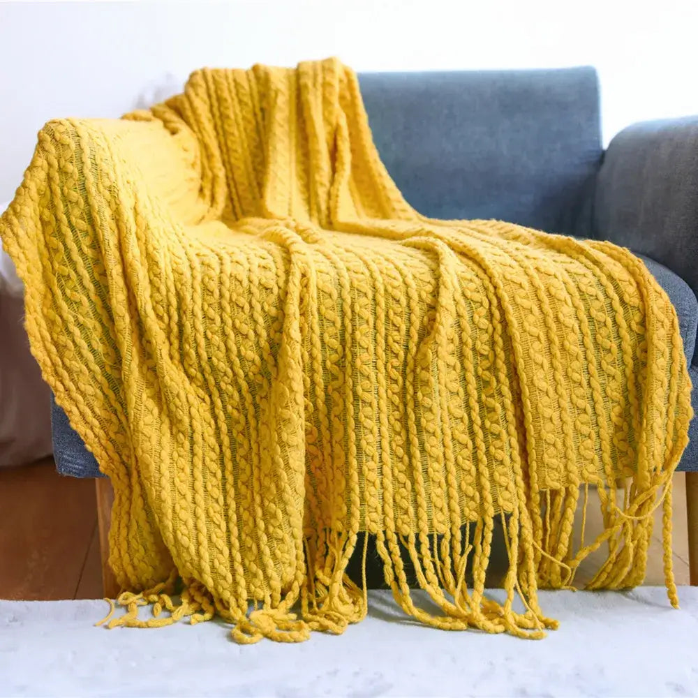 Geometric knit sofa blanket mustard & off-white living room throw