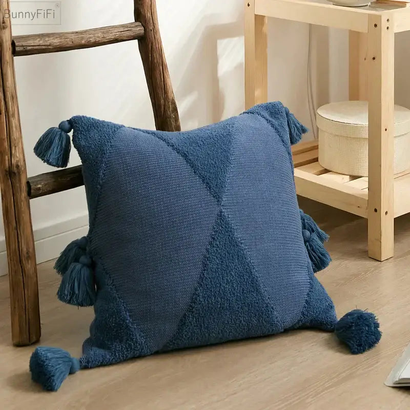 Geometric knitted mustard blue cushion cover living room tassel decor