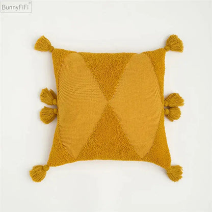 Geometric knitted mustard blue cushion cover living room tassel decor