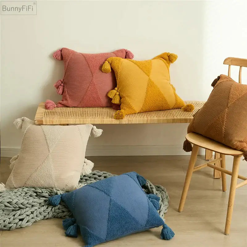 Geometric knitted mustard blue cushion cover living room tassel decor