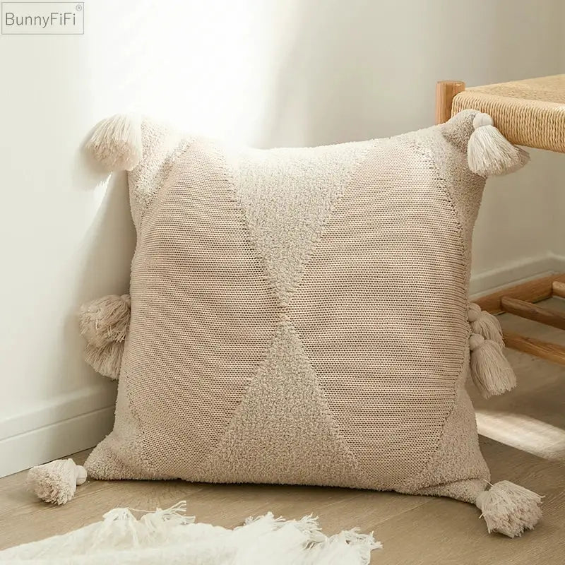 Geometric knitted mustard blue cushion cover living room tassel decor