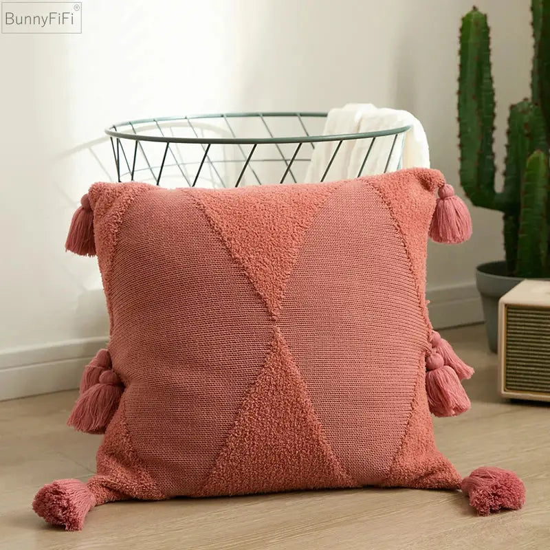 Geometric knitted mustard blue cushion cover living room tassel decor