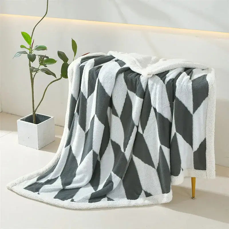 Geometric lavender & white lamb wool blanket bedroom throw cozy fleece
