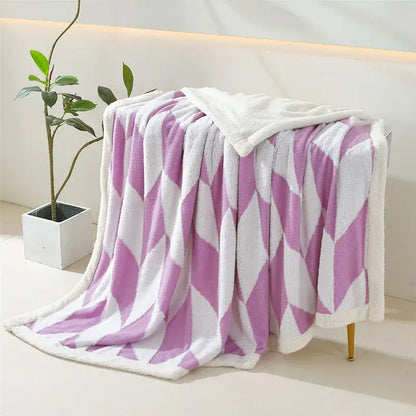 Geometric lavender & white lamb wool blanket bedroom throw cozy fleece