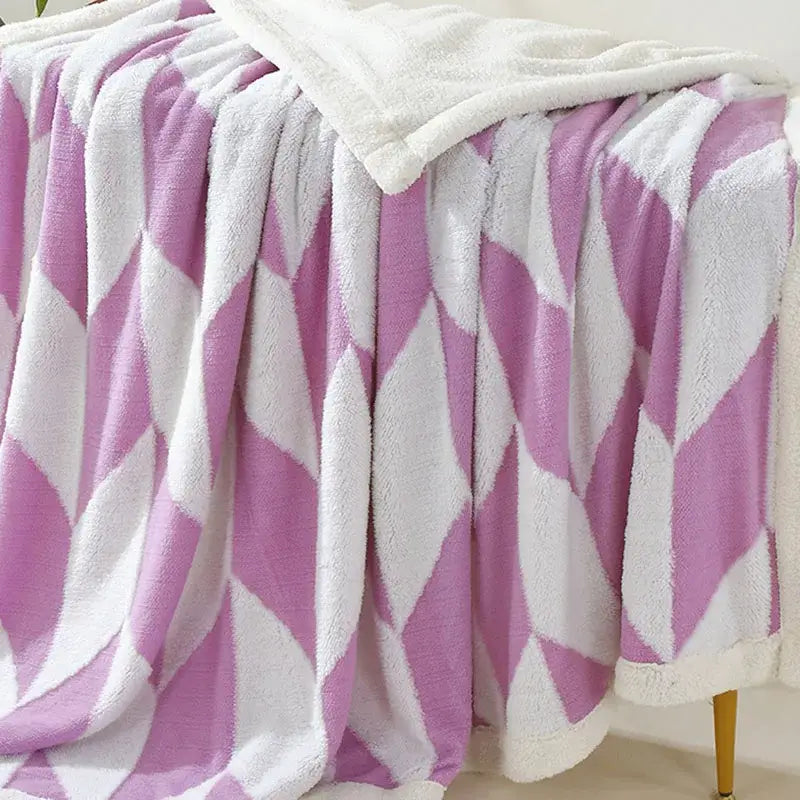 Geometric lavender & white lamb wool blanket bedroom throw cozy fleece