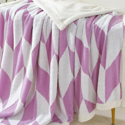 Geometric lavender & white lamb wool blanket bedroom throw cozy fleece