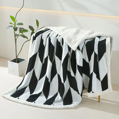 Geometric lavender & white lamb wool blanket bedroom throw cozy fleece
