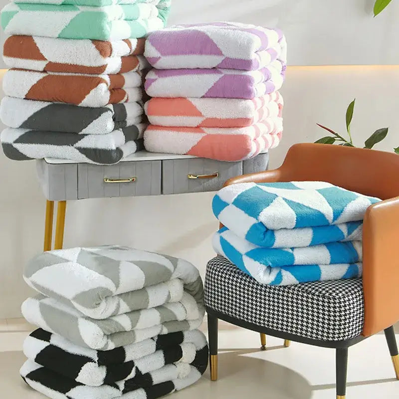Geometric lavender & white lamb wool blanket bedroom throw cozy fleece