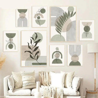 Abstract geometric leaves canvas wall art olive & pink living room
