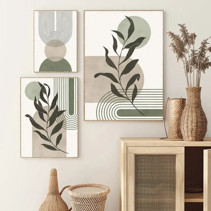 Abstract geometric leaves canvas wall art olive & pink living room