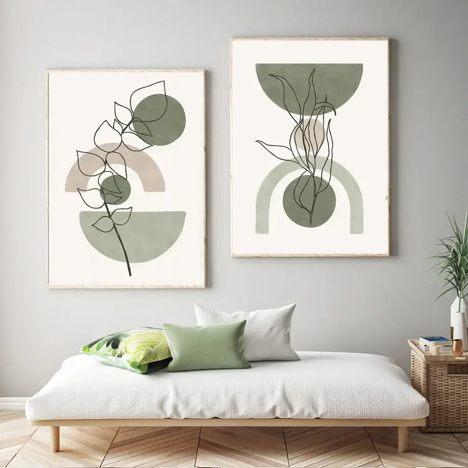 Abstract geometric leaves canvas wall art olive & pink living room