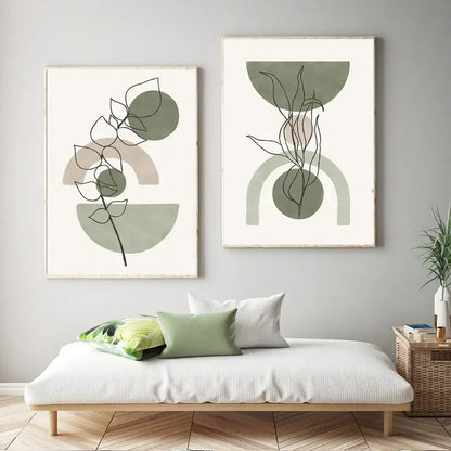 Abstract geometric leaves canvas wall art olive & pink living room
