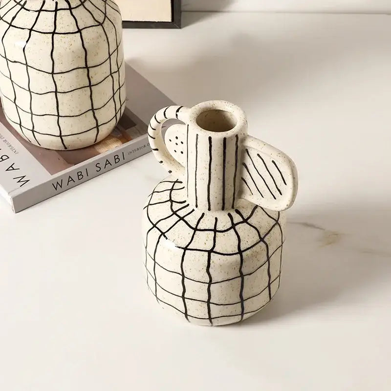 Geometric line ceramic vase cream & black living room decor accessory
