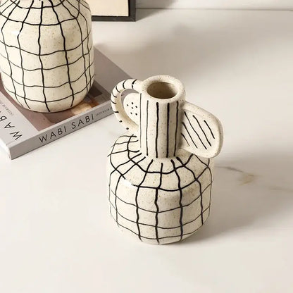 Geometric line ceramic vase cream & black living room decor accessory