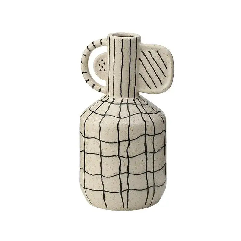 Geometric line ceramic vase cream & black living room decor accessory