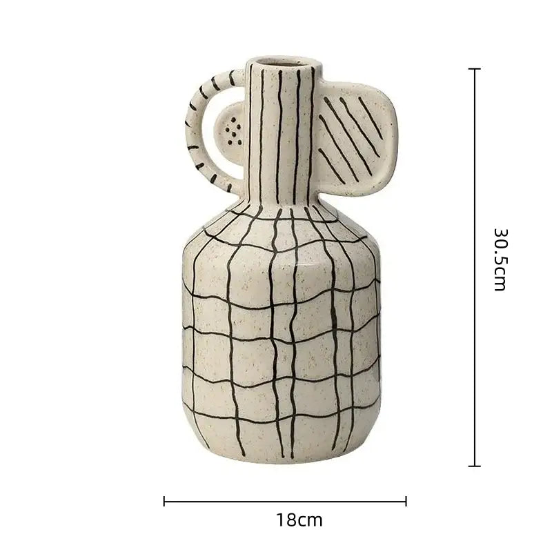 Geometric line ceramic vase cream & black living room decor accessory