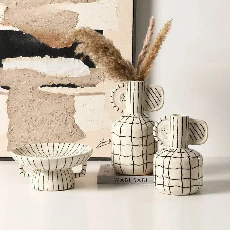 Geometric line ceramic vase cream & black living room decor accessory