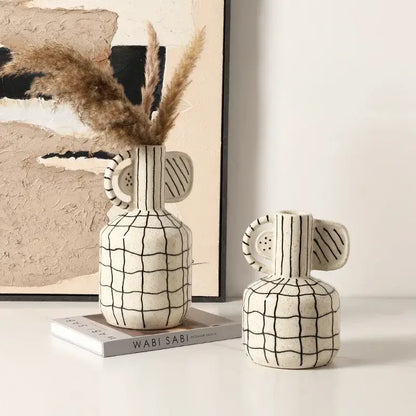 Geometric line ceramic vase cream & black living room decor accessory