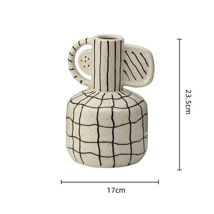 Geometric line ceramic vase cream & black living room decor accessory
