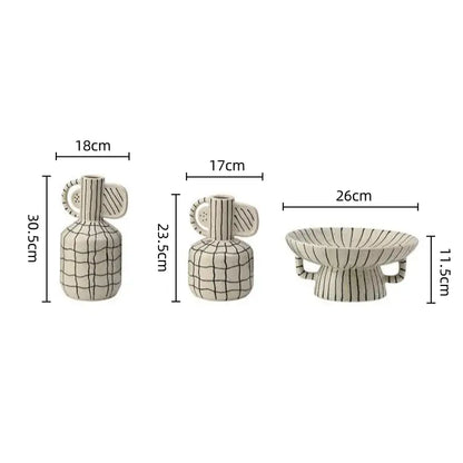 Geometric line ceramic vase cream & black living room decor accessory