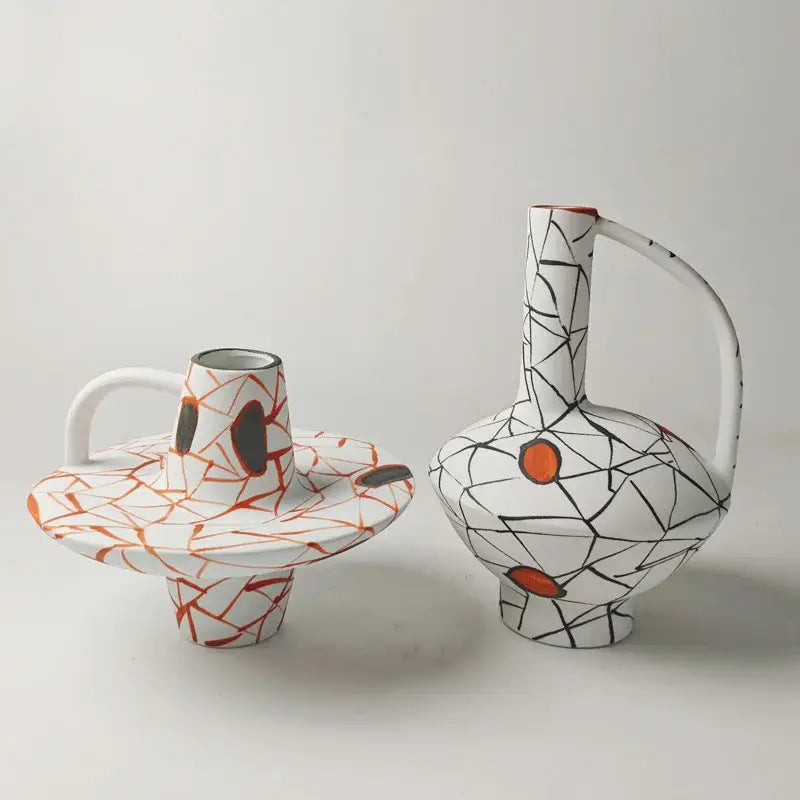 Geometric line ceramic white & orange vase set living room decor