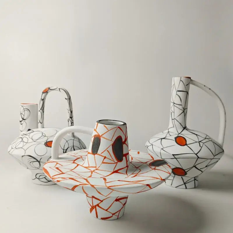 Geometric line ceramic white & orange vase set living room decor
