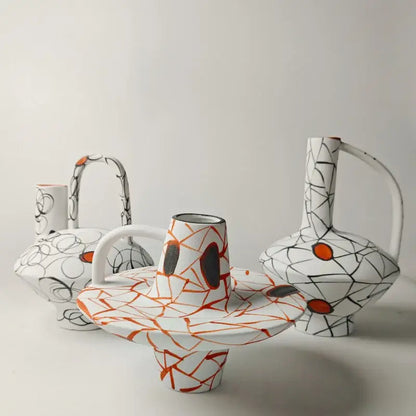 Geometric line ceramic white & orange vase set living room decor