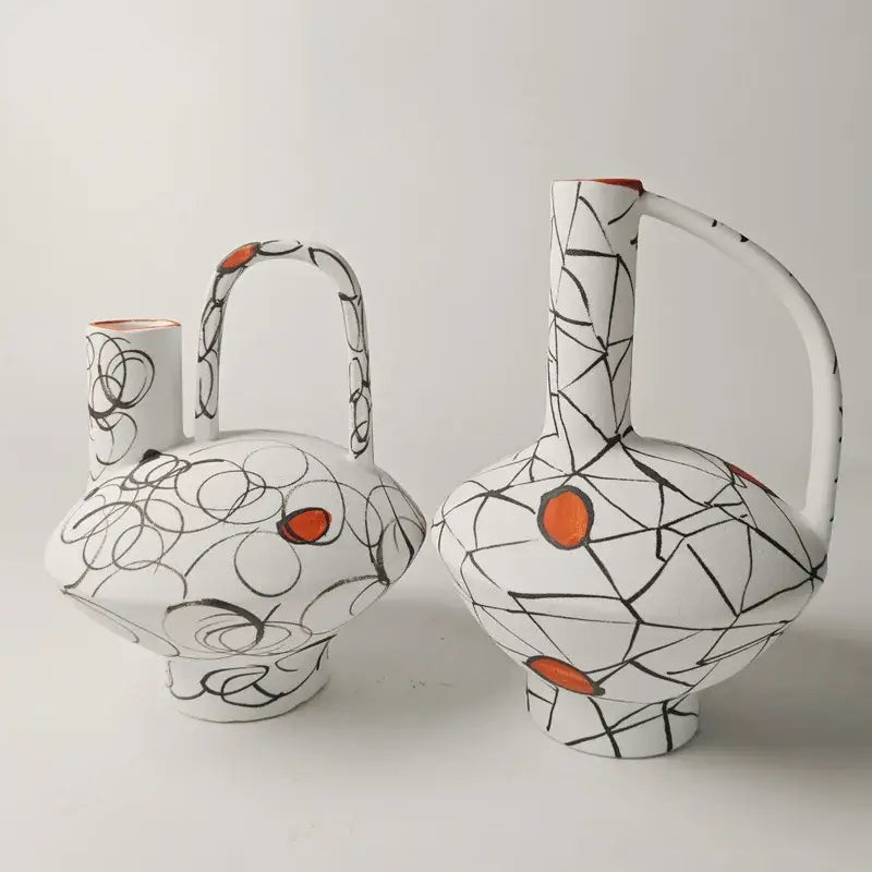 Geometric line ceramic white & orange vase set living room decor
