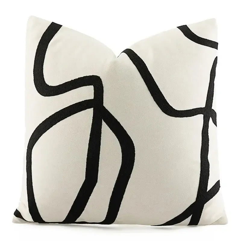 Geometric line embroidered pillowcase in black & white – living room