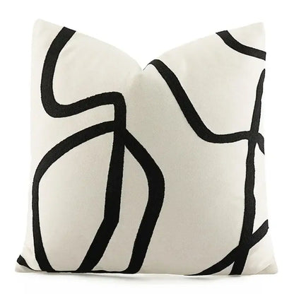 Geometric line embroidered pillowcase in black & white – living room