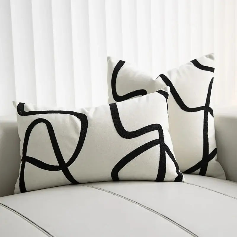 Geometric line embroidered pillowcase in black & white – living room