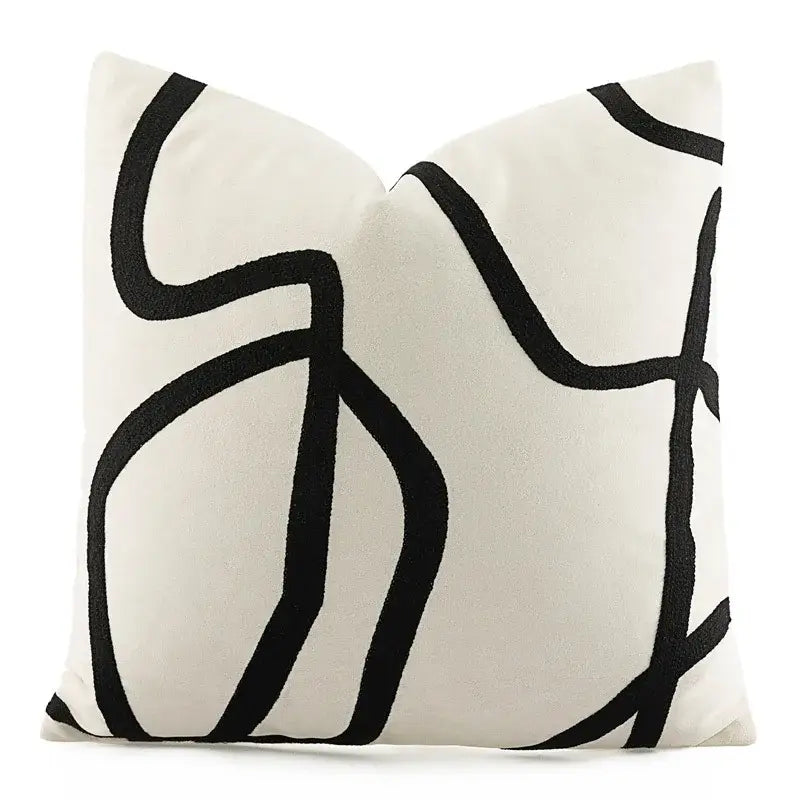Geometric line embroidered pillowcase in black & white – living room