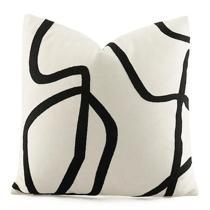 Geometric line embroidered pillowcase in black & white – living room