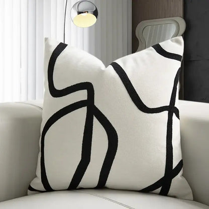 Geometric line embroidered pillowcase in black & white – living room