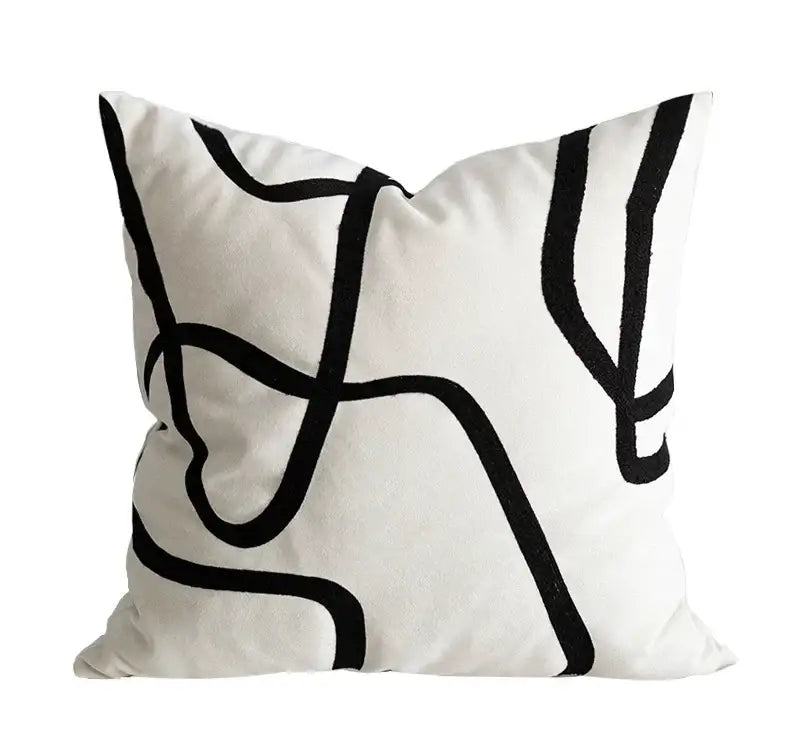 Geometric line embroidered suede pillowcase black & white living room