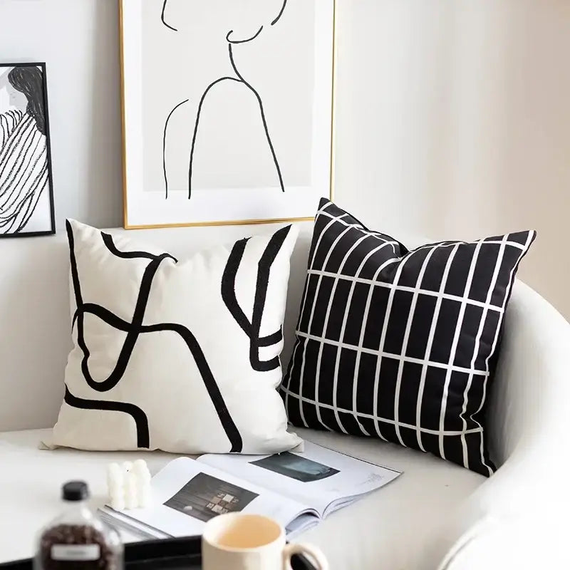 Geometric line embroidered suede pillowcase black & white living room
