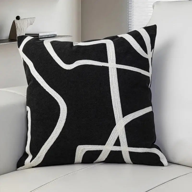 Geometric line embroidered suede pillowcase black & white living room