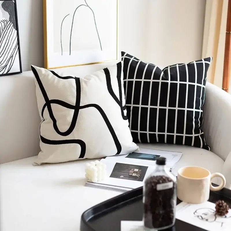 Geometric line embroidered suede pillowcase black & white living room