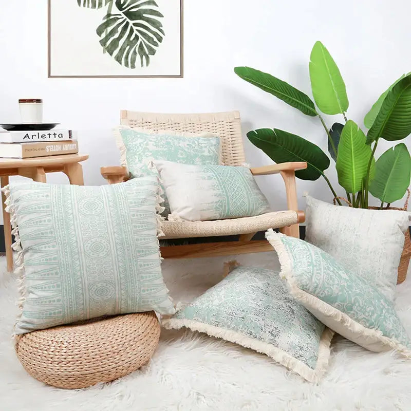 Geometric mosaic cotton crochet tassel cushion cover living room