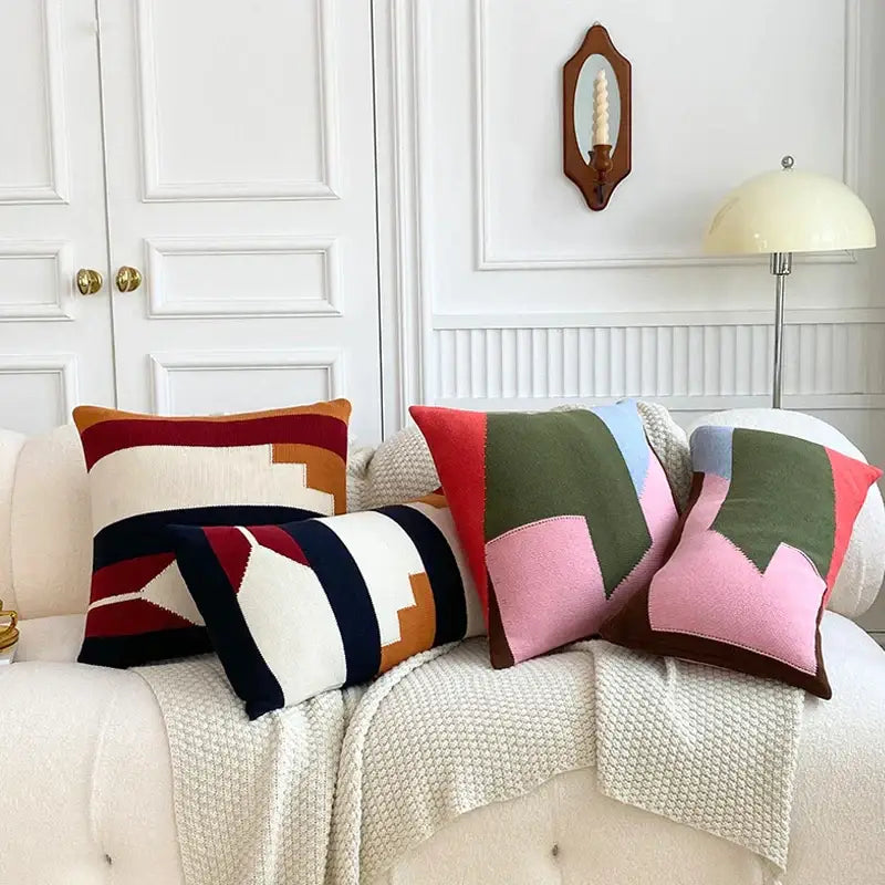 Geometric multi color knitted cushion cover set living room decor