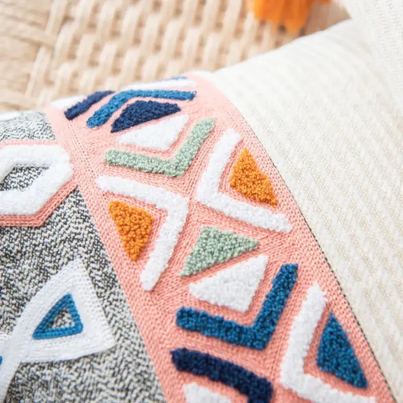 Geometric multicolor embroidered cushion cover living room tassels