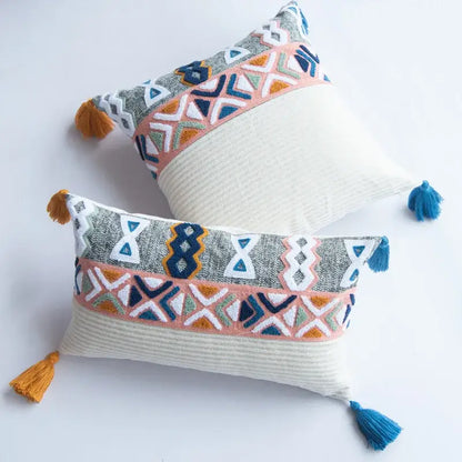 Geometric multicolor embroidered cushion cover living room tassels