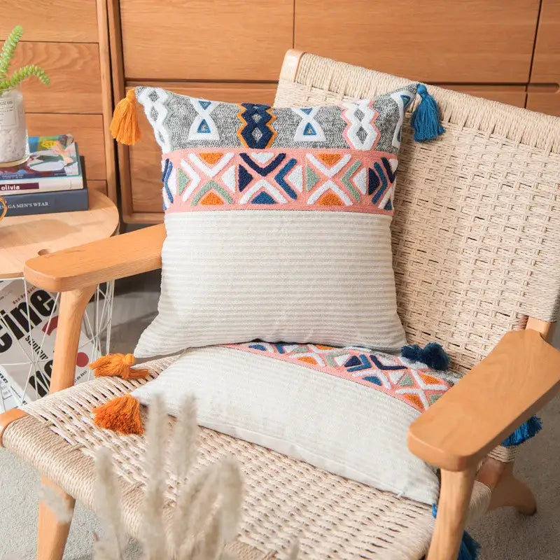 Geometric multicolor embroidered cushion cover living room tassels