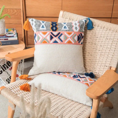 Geometric multicolor embroidered cushion cover living room tassels