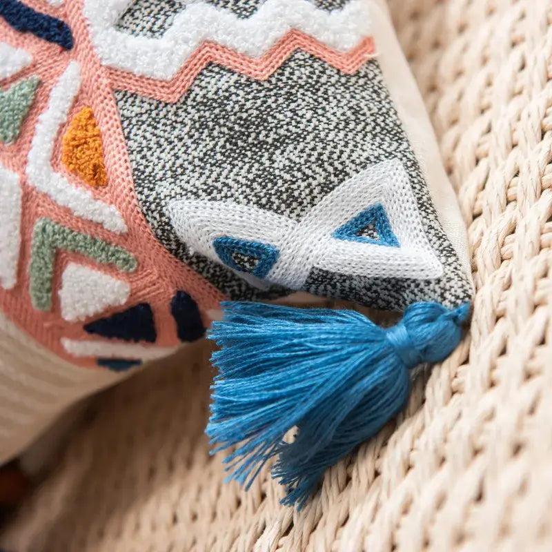 Geometric multicolor embroidered cushion cover living room tassels